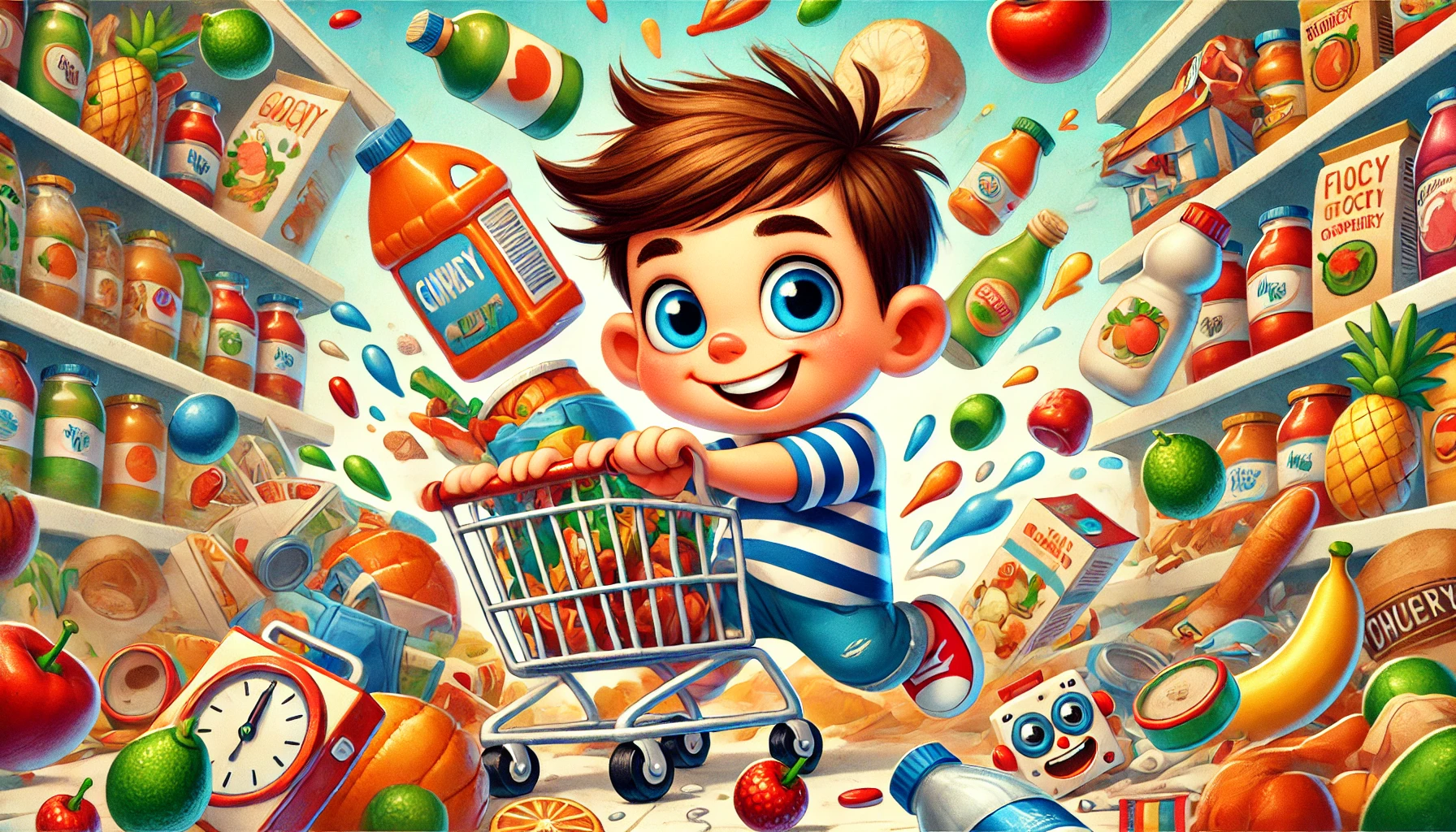 Illustration of a young boy, Bob, in a lively supermarket scene with flying groceries,