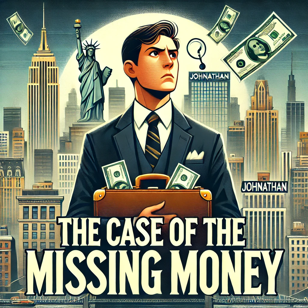 A man in a suit holding a briefcase, looking puzzled with dollar bills floating around him, set against a New York City skyline. The story title "The Case of the Missing Money" is prominently displayed