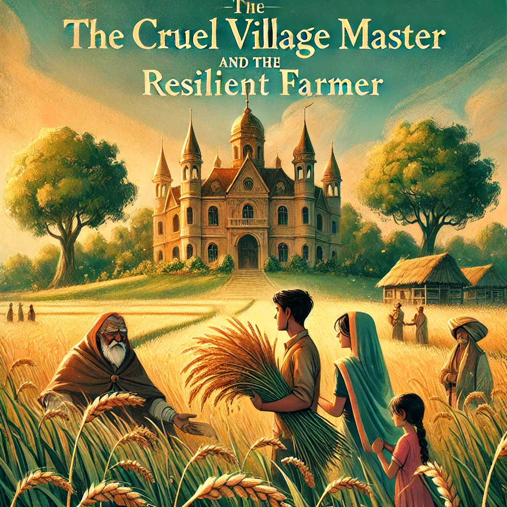 A farmer and his small daughter working in a barren field, symbolizing resilience. A grand mansion looms in the background, representing the cruel village master's wealth and power, surrounded by a rustic village and misty mountains.