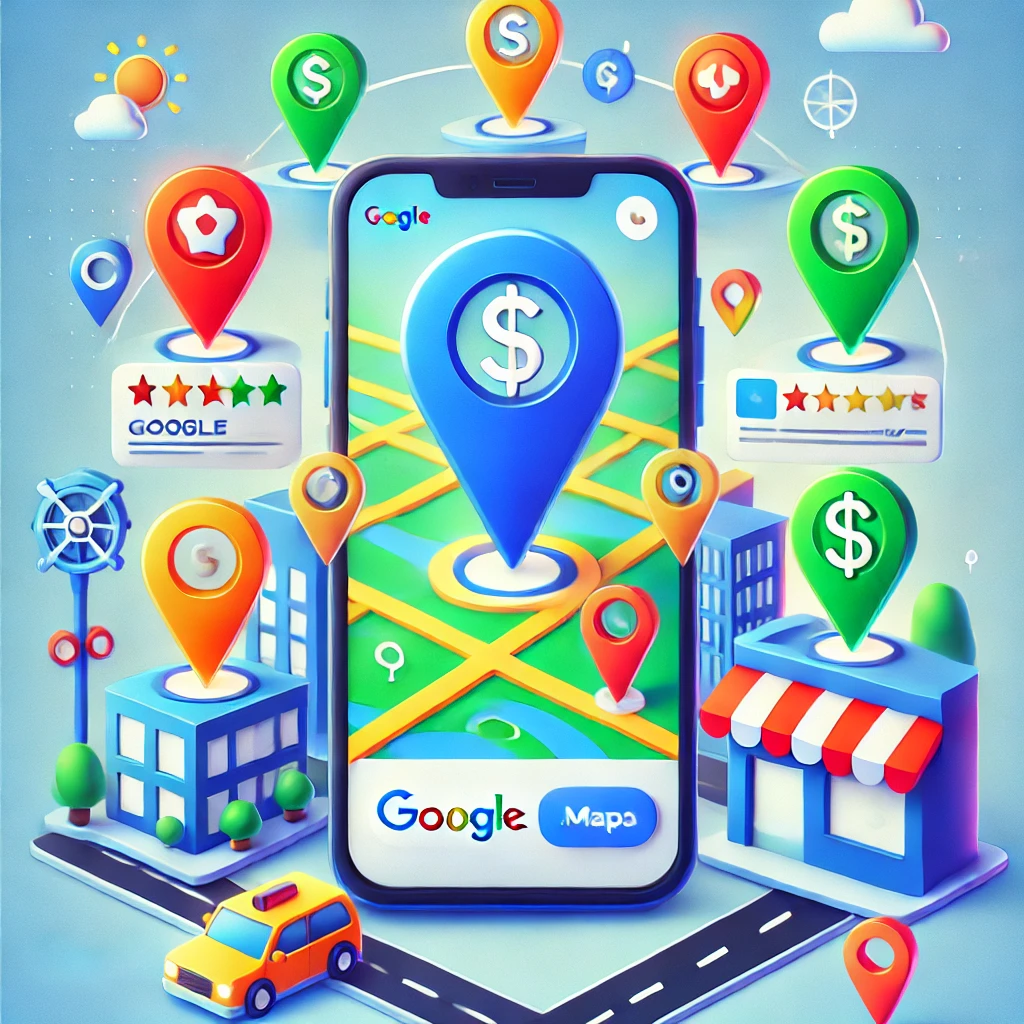 "Illustration of Google Maps monetization with location pins as dollar signs and business-related icons around a smartphone screen."