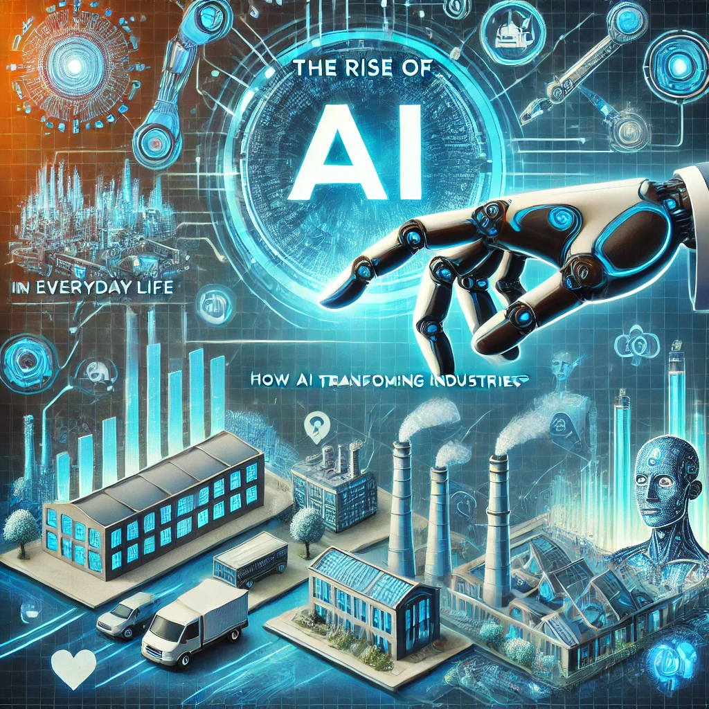 DALL·E 2025-03-06 10.02.26 - A futuristic digital artwork showing AI technology transforming various industries. The image includes robotic hands interacting with holographic data